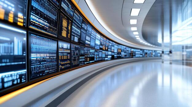 A long hallway with many screens and a large screen photo