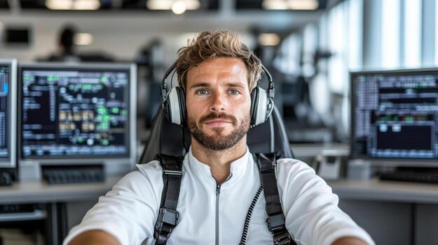 A man wearing headphones in front of multiple computer screens photo