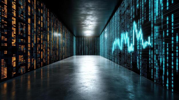 A long hallway with many binary code symbols photo