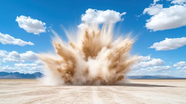 A large explosion in the desert with sand and clouds photo