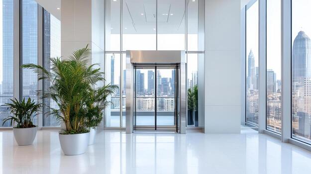 un ascensor en un moderno oficina edificio con un ver de el ciudad foto