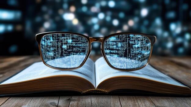 Glasses on an open book with a digital code on the background photo