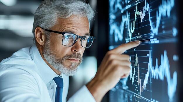 A man in glasses pointing at a screen with a graph photo