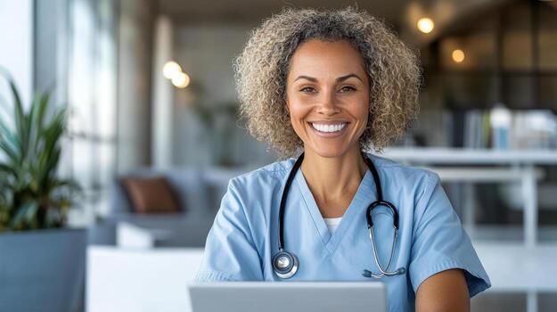 A smiling woman in scrubs is using a laptop photo