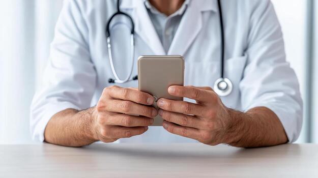 A doctor is using his phone while sitting at a table photo
