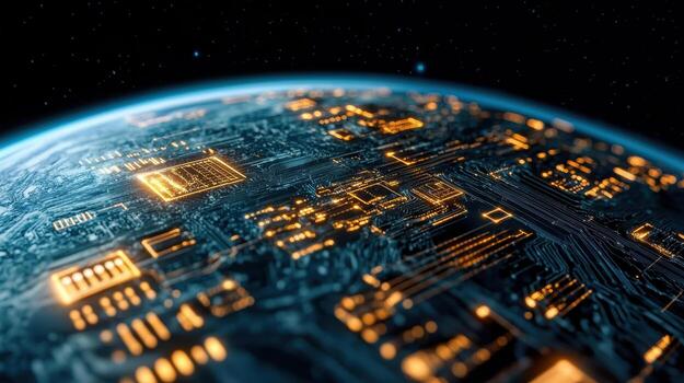 A computer chip on the earth with a blue background photo
