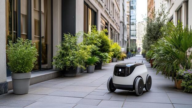 A robot is parked on the sidewalk in front of buildings photo
