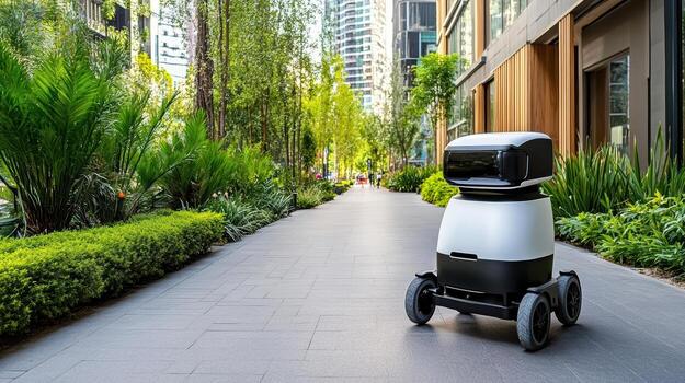 A robot is walking down a street in front of buildings photo
