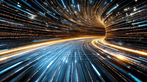 A tunnel with light trails and a road photo