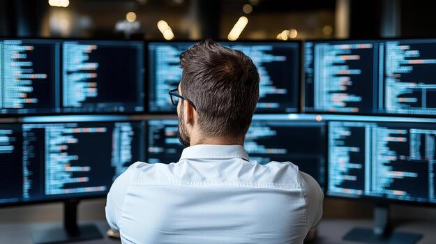 A man sitting in front of multiple computer screens photo
