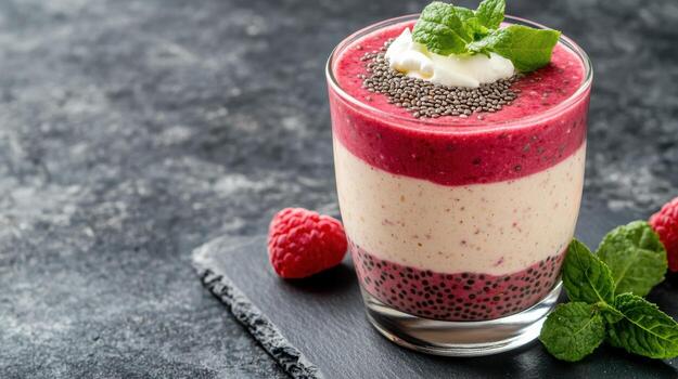 A smoothie with chia seeds and raspberries photo
