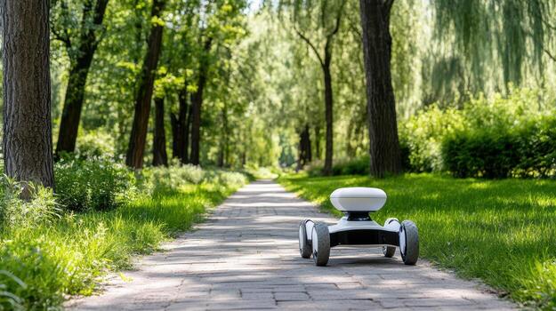 A robot is driving down a path in a park photo