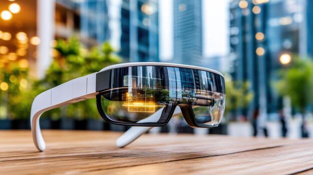 A pair of glasses with a city view in the background photo