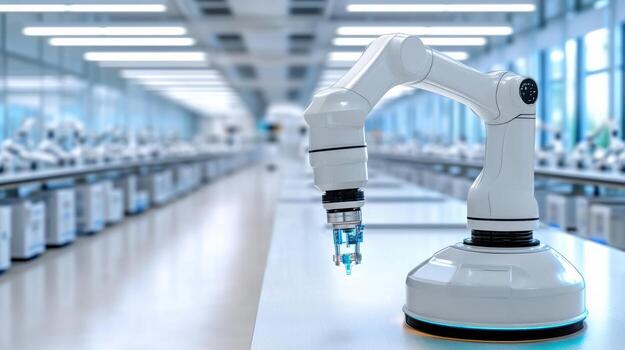 A robotic arm is sitting on a table in a factory photo