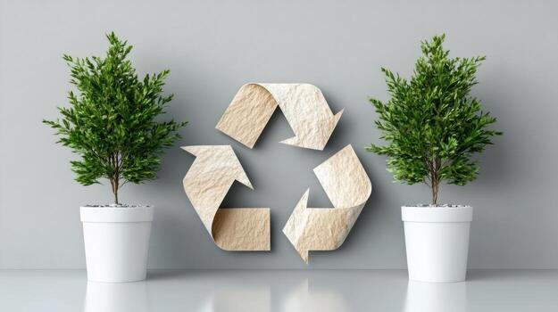 Recycle symbol in two pots on grey background 3d rendering photo
