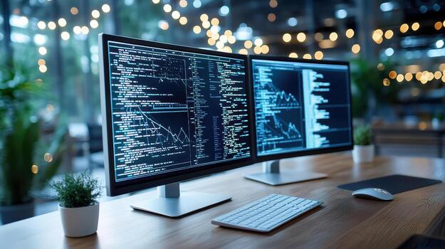 Two computer monitors on a desk with a keyboard and mouse photo