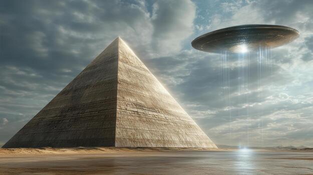 An alien spaceship flying over a pyramid photo