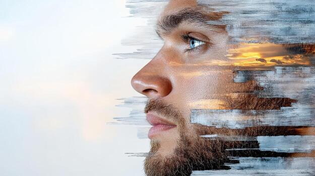 A man's face is made up of a series of different images photo