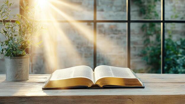 un abierto Biblia en un de madera mesa en frente de un ventana con luz de sol foto