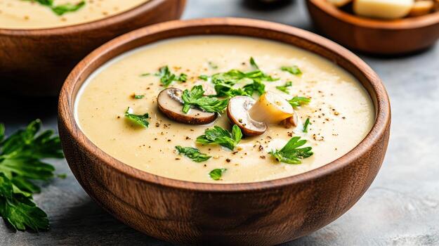 dos bochas de sopa con hongos y perejil foto