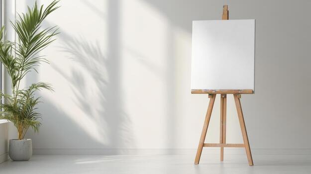 A blank canvas on a wooden easel in front of a window photo