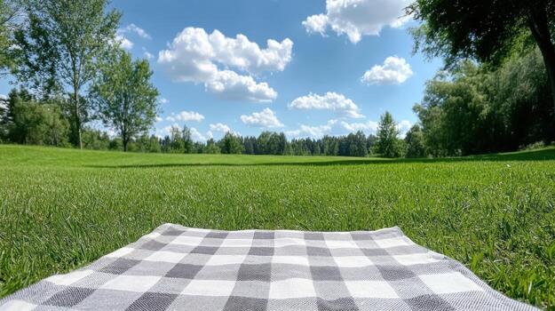 A picnic blanket on the grass in a field photo