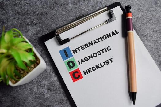 Concept of IDC - International diagnostic checklist write on clipboard isolated on Wooden Table. photo