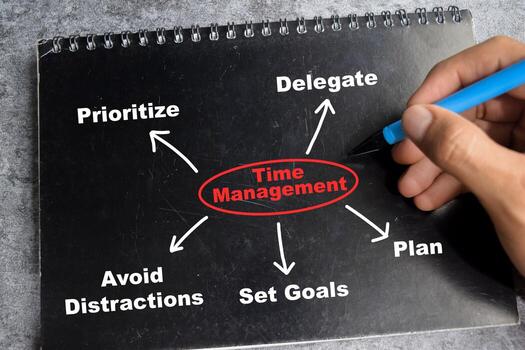 Concept of Time management write on book with keywords isolated on Wooden Table. photo