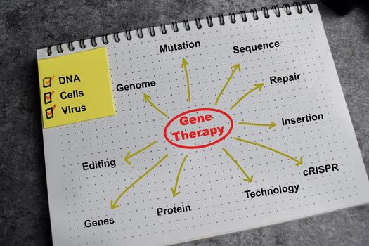 Concept of Gene therapy write on book with keywords isolated on Wooden Table. photo