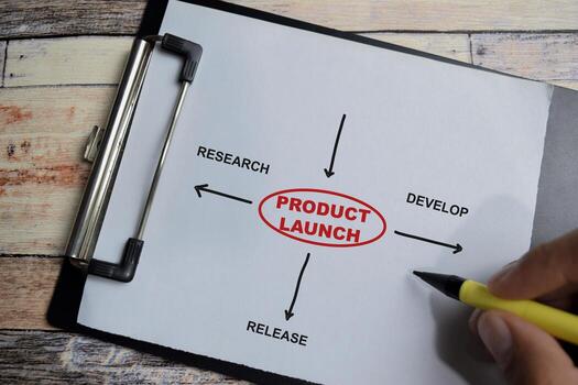 Concept of Product launch write on clipboard with keywords isolated on Wooden Table. photo