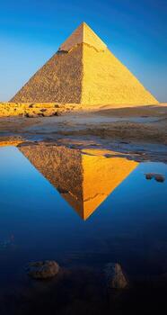 Golden pyramid reflected in a still pool photo