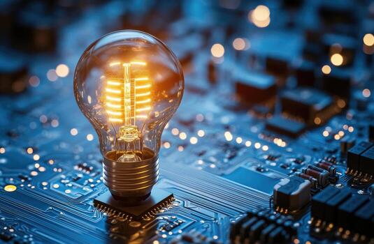 Illuminated lightbulb atop a circuit board photo