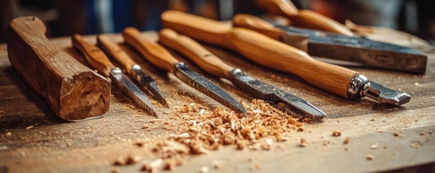 Woodcarving tools and wood block on workbench photo
