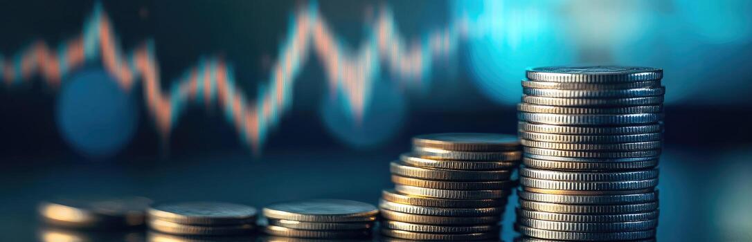Stacked coins, increasing in height, against a blurred background of a financial chart photo