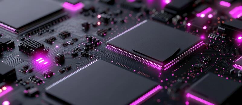 Close-up of intricate circuit board with glowing pink components photo