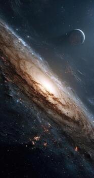Spiral galaxy with a bright center, surrounded by dark space and a distant planet photo