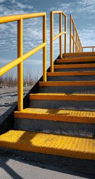 Perspective view of concrete steps with bright yellow handrails against a partly cloudy sky photo