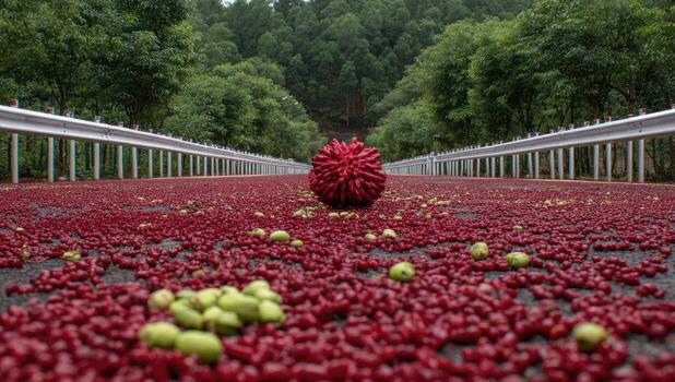 Road strewn with red and green seeds, a red object centered photo