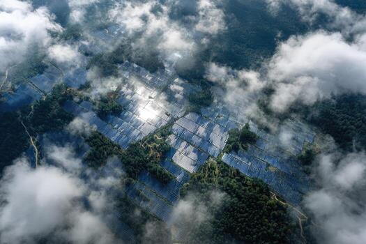 Solar panels arrayed on a mountainside, shrouded in clouds photo