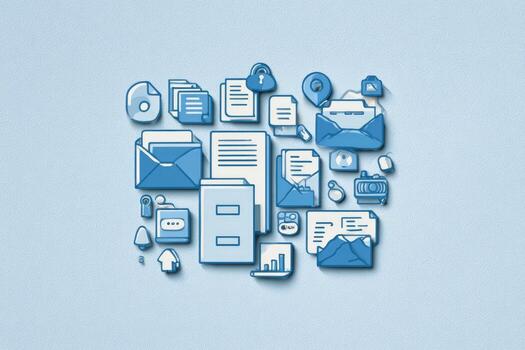 Light-blue graphic design of assorted office icons, including files, folders, envelopes, emails, and data, on a light-gray background photo