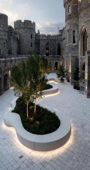 Serene courtyard with curving benches, trees, and castle walls photo