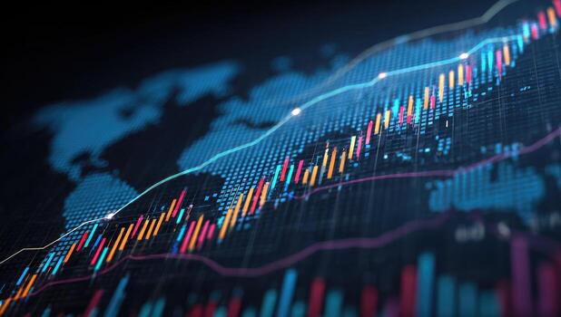 Global financial data visualization. Colorful stock charts overlaid on a world map. Interactive digital display photo