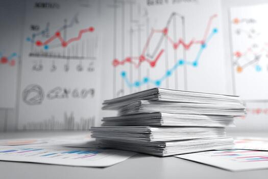 Stack of papers on a desk with graphs photo