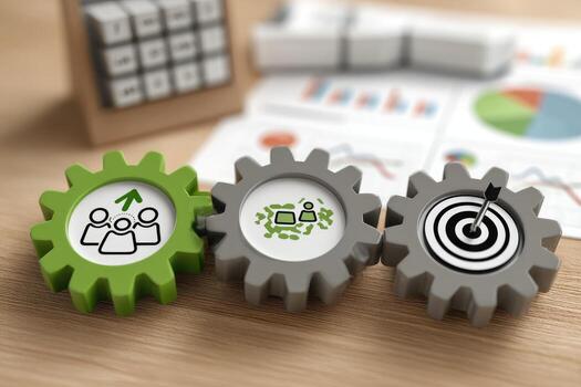 Business gears with people icons, target, and reports photo
