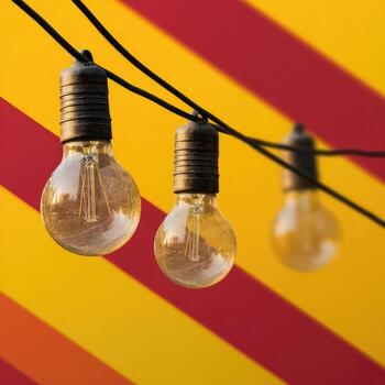 Close-up of three vintage-style light bulbs hanging on a string photo