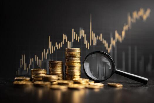 Gold coins stacked in increasing piles, viewed through magnifying glass, against a backdrop of financial charts photo