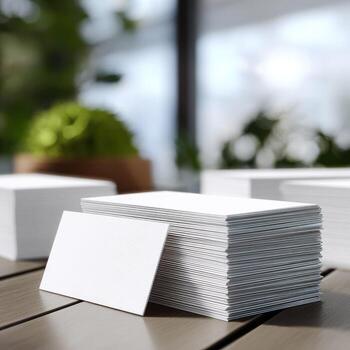 Stacks of blank business cards on a table photo