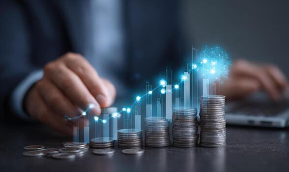Businessperson's hands interacting with a growing stack of coins, overlaid with a rising graph, suggesting investment growth photo