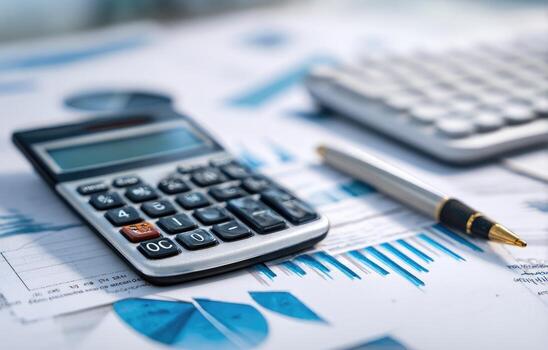 financiero documentos con calculadora y bolígrafo foto