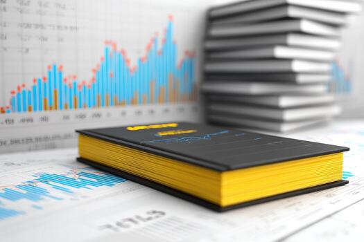 Black book with yellow spine rests on financial charts and graphs. Stacks of books are in the background photo
